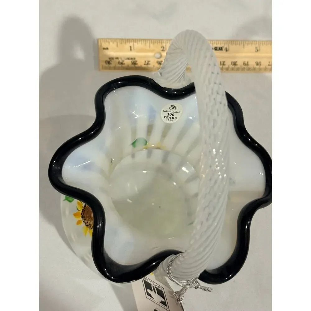 Fenton 100th Anniversary Hand-Painted Glass Basket SunflowersBees w/Original Tag